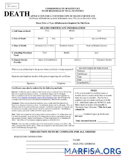 Downloadable USA Commonwealth of Kentucky death certificate template